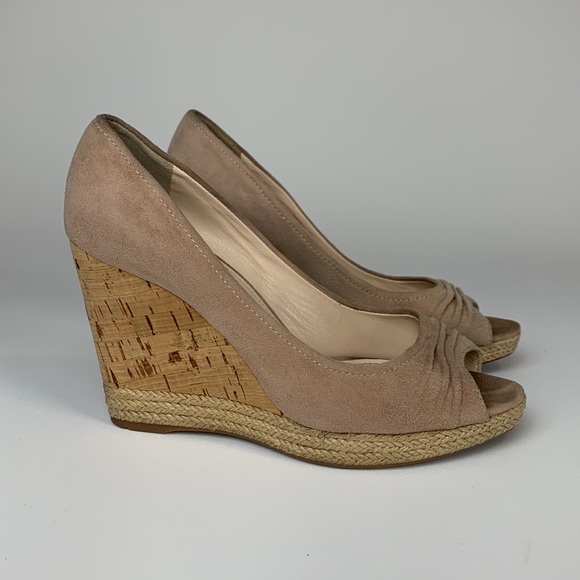 Prada Velvet Suede Wedge Peep Toe Cork Espadrille Blush sz 36.5 - Picture 3 of 7